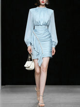 Load image into Gallery viewer, Blue Lantern Long Sleeve Crinkled Bodycon Satin Party Dress