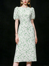 Load image into Gallery viewer, Green Grass Print Puff Sleeve 1950s Vintage Party Dress