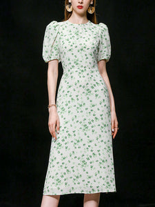Green Grass Print Puff Sleeve 1950s Vintage Party Dress