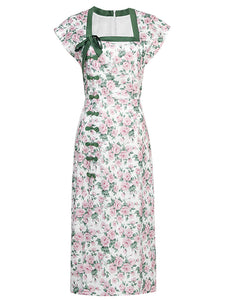 Green Rose Square Collar Split Cheongsam Dress