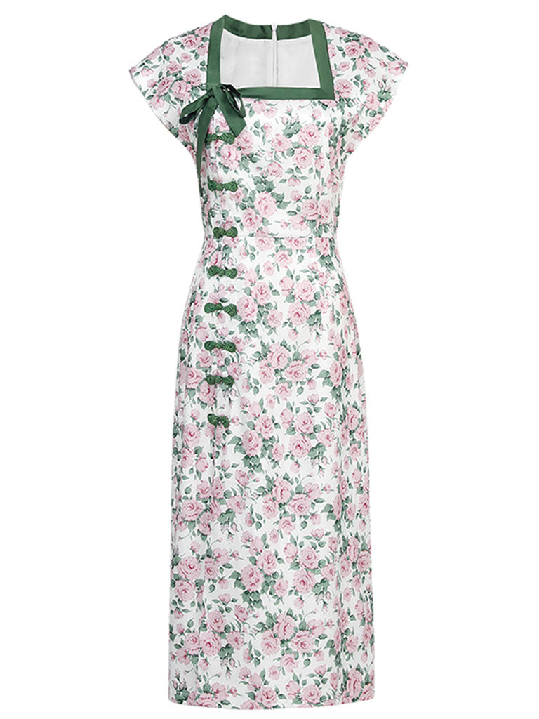 Green Rose Square Collar Split Cheongsam Dress