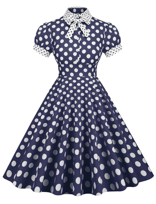 Navy Polka Dots Bowknot Swing Vintage 1950S Dress