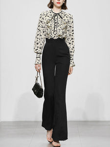 2PS Stand Collar Printed Top And Black Flared Pants Set