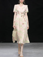 Load image into Gallery viewer, Pink Ruffles Collar Floral Frint Puff Sleeve 1950S Vintage Dress