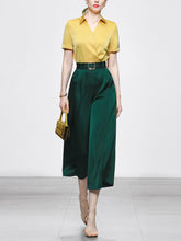 Load image into Gallery viewer, 2PS Yellow Elegant V-neck Short Sleeve Shirt With High-waisted Wide Pants Suit