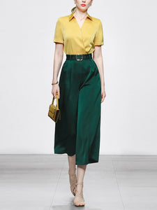 2PS Yellow Elegant V-neck Short Sleeve Shirt With High-waisted Wide Pants Suit