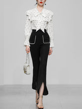 Load image into Gallery viewer, 2PS White V Neck Ruffles Long Sleeve Top With High Waist Wide Leg Pants Suit