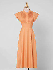 Orange Pleated Cap Sleeve Audrey Hepburn Style 50S Dress