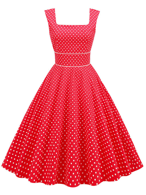 Red Polka Dots Sleeveless 1950S Vinatge Dress With Pockets