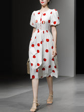 Load image into Gallery viewer, White Crew Neck Printed Red Apple Swing 1950S Dress