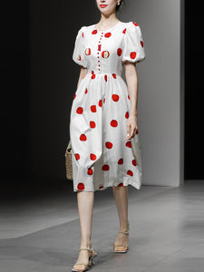 White Crew Neck Printed Red Apple Swing 1950S Dress