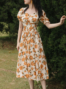 Orange Rose Sweet Heart Collar Puff Sleeve 1950S Vintage Dress