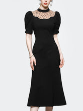 Load image into Gallery viewer, Semi-Sheer Polka Dots Puff Sleeve Little Black Fishtail Dress Vintage Style