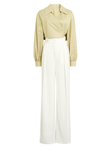 Yellow V Neck Shirt And White High Waisted Wide Leg Trousers Suit
