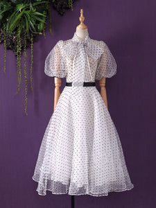 White Polka Dots  Puff Sleeve 50S Dress