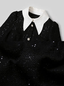 Black Turn Down Collar Puff Sleeve 1940S Split Bodycon Dress