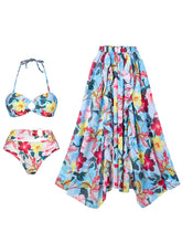 Load image into Gallery viewer, Blue Flower Print Ruffles Halter Bikini With Bathing Suit Swing Skirt