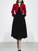 Load image into Gallery viewer, 2PS Red Tweed Jacket Coat And Black Velvet Dress Set