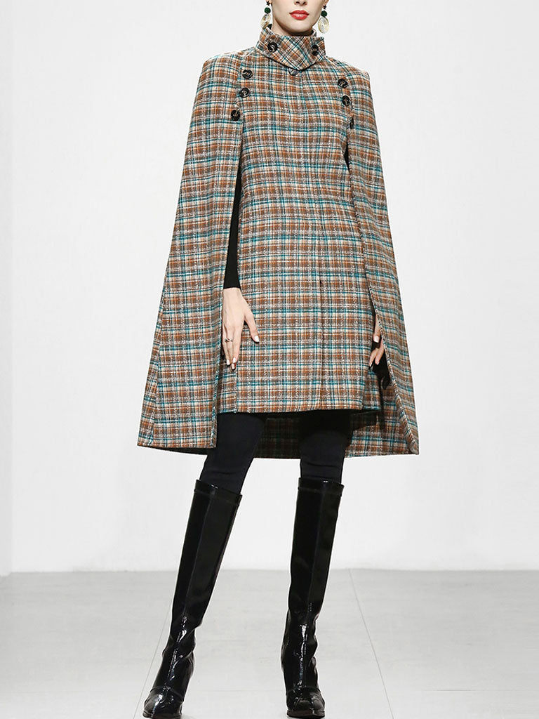 Sweet Brown Plaid Long Sleeve Dress Cape Women's Coat, Brown / M