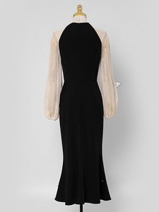 Black Lantern Sleeve Flower Decoration Sexy Mermaid Dress