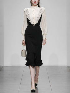 White Lace Shirt Fake Two-Piece Fishtail Dress