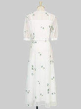 Load image into Gallery viewer, White V Neck Puff Sleeves Embroidered Organza Vintage Dress