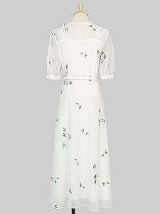 White V Neck Puff Sleeves Embroidered Organza Vintage Dress