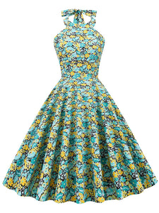 Green Floral Print Halter Classis Vintage Style 1950S Dress With Back Bowknot