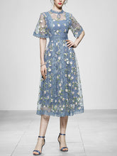 Load image into Gallery viewer, Blue Embroidery Daisy Lace Neck Maxi Dress