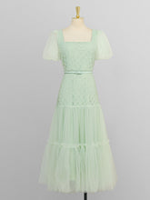 Load image into Gallery viewer, Green Vintage Style Square Neck Puff Sleeve Tulle Party Dress