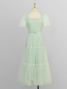 Green Vintage Style Square Neck Puff Sleeve Tulle Party Dress