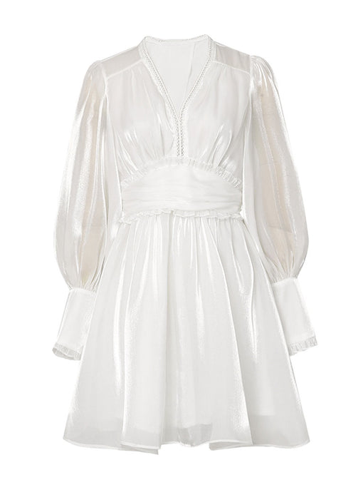 1960S White Puff Long Sleeve Organza Dress