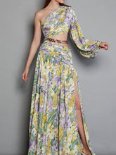 Load image into Gallery viewer, Floarl Print One Shoulder Hollow High Slit Maxi Dress