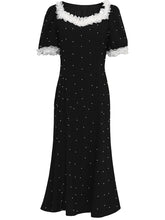 Load image into Gallery viewer, White Lace Square Neck Puff Sleeve Vintage Pearl Hepburn Style Midi Black Dress