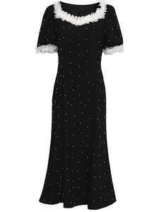 White Lace Square Neck Puff Sleeve Vintage Pearl Hepburn Style Midi Black Dress