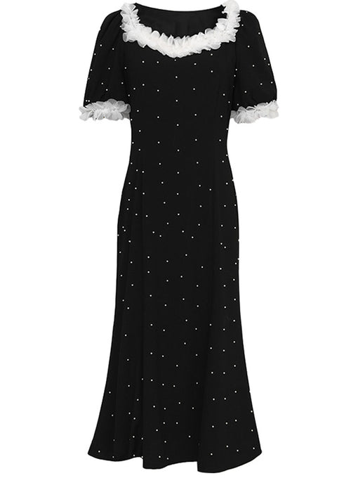 White Lace Square Neck Puff Sleeve Vintage Pearl Hepburn Style Midi Black Dress