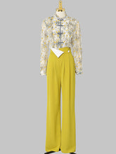 Load image into Gallery viewer, 2PS Yellow Ruffles Collar Floral Print Shirt And Pant Suit