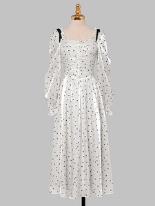 White And Black Polka Dots Square Collar Long Sleeve Party 1950S Dress