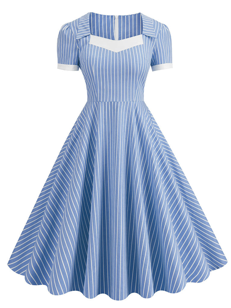 Square Collar Stripe 1950S Vintage Dress, Blue / L