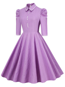 Solid Color Purple Peter Pan Collar 1950S Dress With Pockets