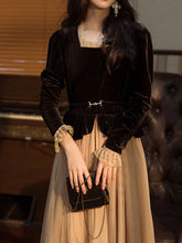Load image into Gallery viewer, Black Square Collar Long Sleeve Velvet Dress