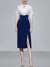 Load image into Gallery viewer, White And Navy Lantern Sleeve Slit Dress Vintage 1940S Dress