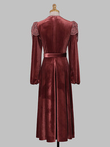 Red Crew Neck Velvet Puff Sleeve 1950S Vintage Dress With Belt