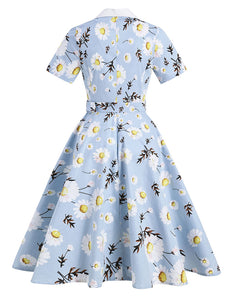 Baby Blue Daisy Turn-Down Collar 1950S Dress With Belt