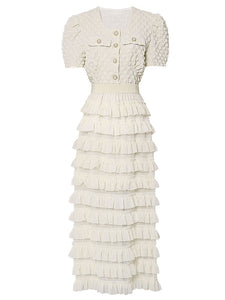2PS Apricot Puff Sleeve Top And Ruffles Chiffon Cake Dress Set