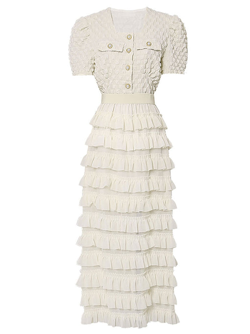 2PS Apricot Puff Sleeve Top And Ruffles Chiffon Cake Dress Set