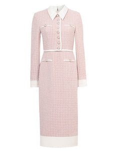 Pastel Pink Lapel Long Sleeve Tweed 1960S Dress