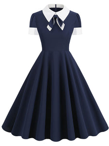 Navy Cotton Plaid Short Sleeve Cravat Tie 1950S Vintage Dress