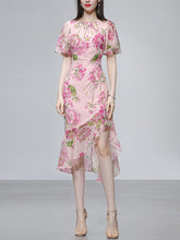 Load image into Gallery viewer, Pink Floral Print Chiffon Ruffles 1960S Dress