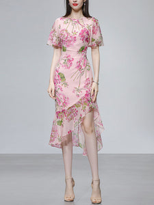 Pink Floral Print Chiffon Ruffles 1960S Dress